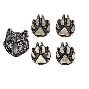 Vintage Button Covers Wolf Head Paw Set of 5 Silvertone Southwest Scouting Acces